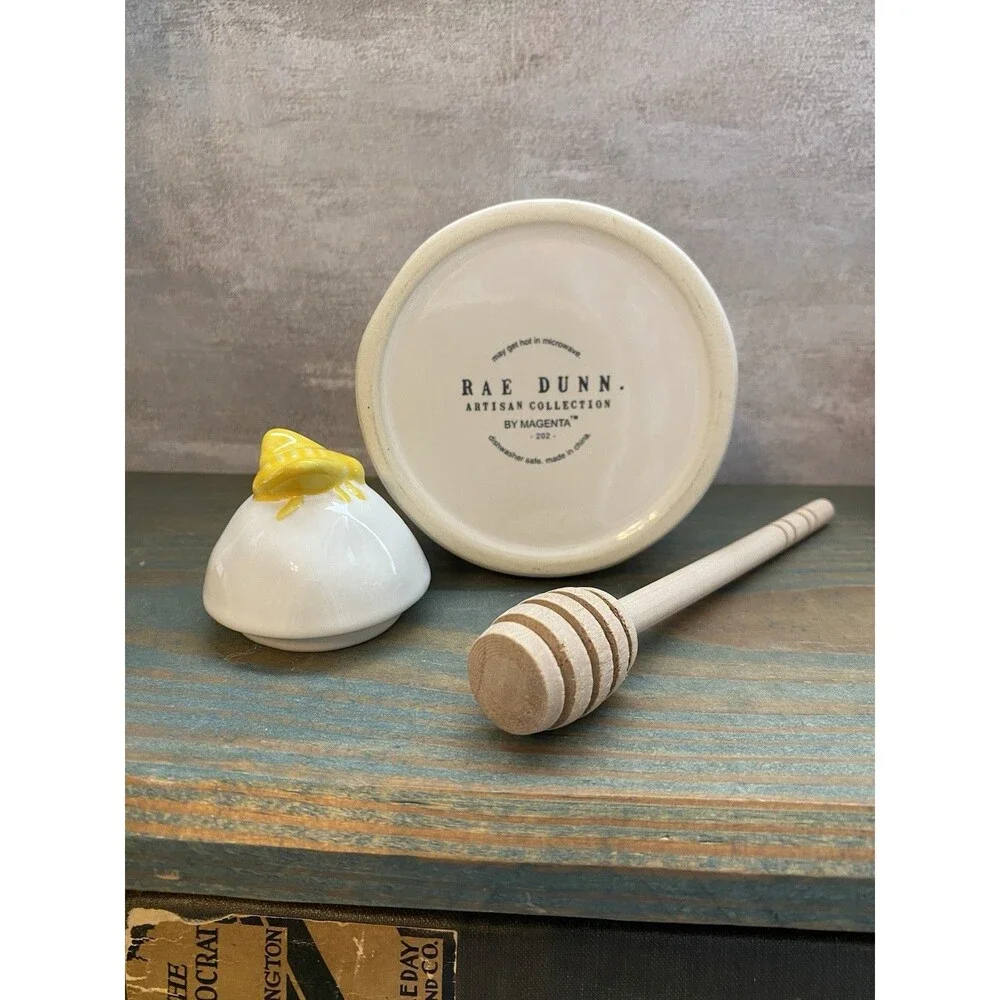 Rae Dunn ‘BUMBLE’ Bee Honey Pot Ceramic Ivory w/ Yellow Bee Lid & Wood Dipper